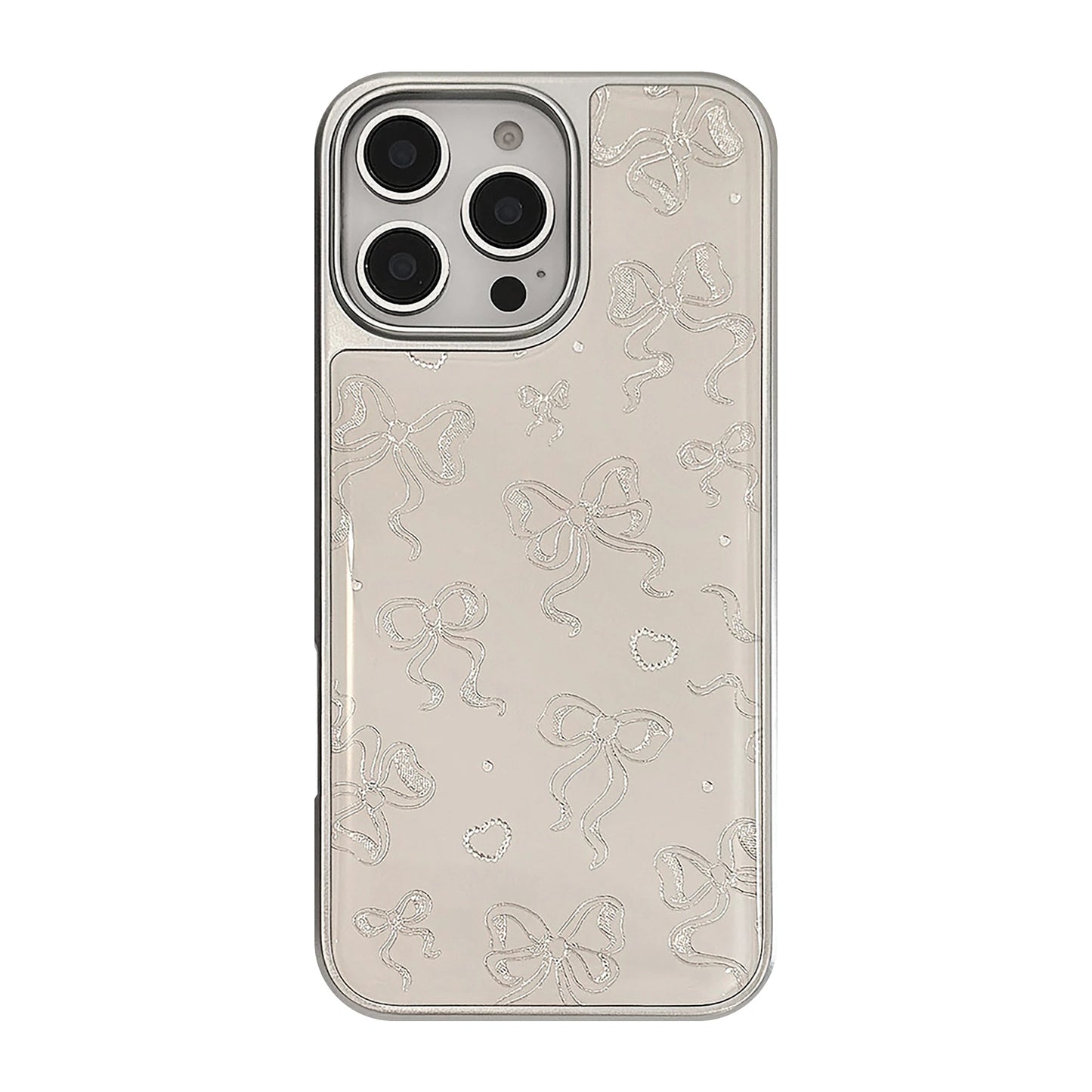 Stylish Full-Screen Gilding Bow Ribbon Heart Print White Glossy Silver Edge Phone Case Cover for iPhone 13 14 15 16 17 Pro Max