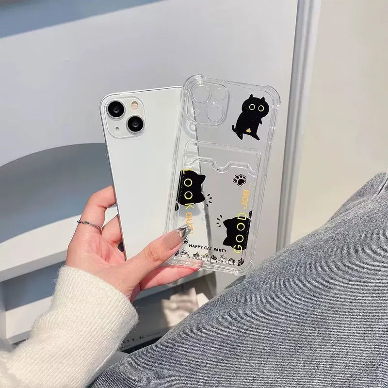 Cute Black Cat Pattern Card Pocket Phone Case For iPhone 16 15 14 13 12 11 Pro Max XR XS 7 8 Plus Shockproof Transparent Cover