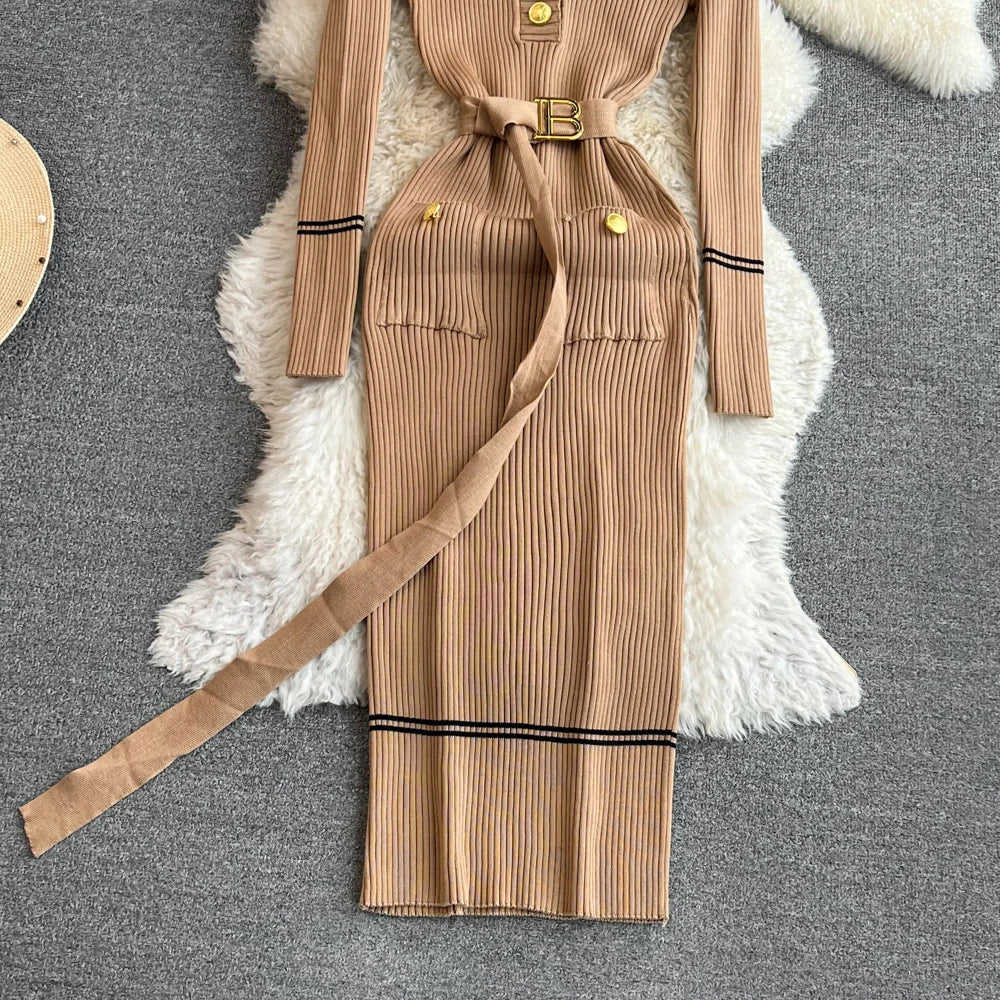 Elegant Rib Knit Long Pencil Dress