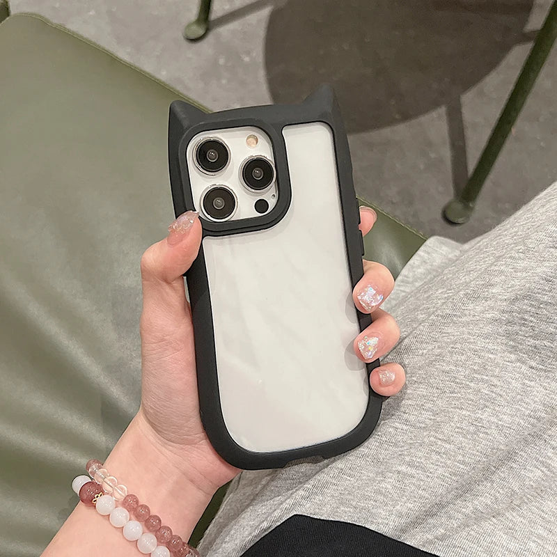 Cute 3D Cat Ear Transparent Phone Case For iPhone 17 16E 16 15 14 Plus 13 12 11 Pro Max Cartoon Lovely Shockproof Clear Cover