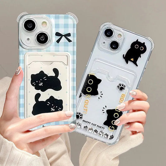 Cute Black Cat Phone Case For IPhone 17 16 15 14 13 12 Pro Max Plus 12 13 Mini Photo Card Holder Wallet Soft Clear Cover