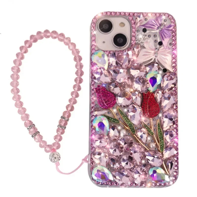 Luxury Glittering Diamond Phone Case + Clear Rhinestone Gir's Rose Case For iPhone 16 11 14 Pro Max12 13 Pro Max 15