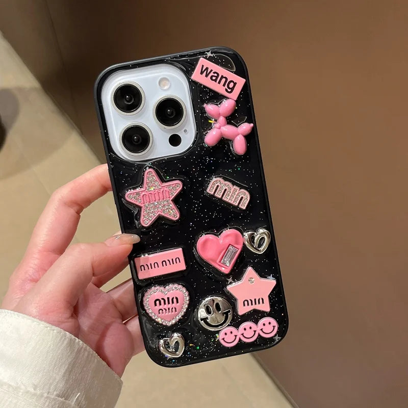 Cute 3D Love Heart Y2K Star Spicy Girl Phone Case For iPhone 15 14 13 11 12 Pro Max Epoxy Transparent Soft Shockproof Cover