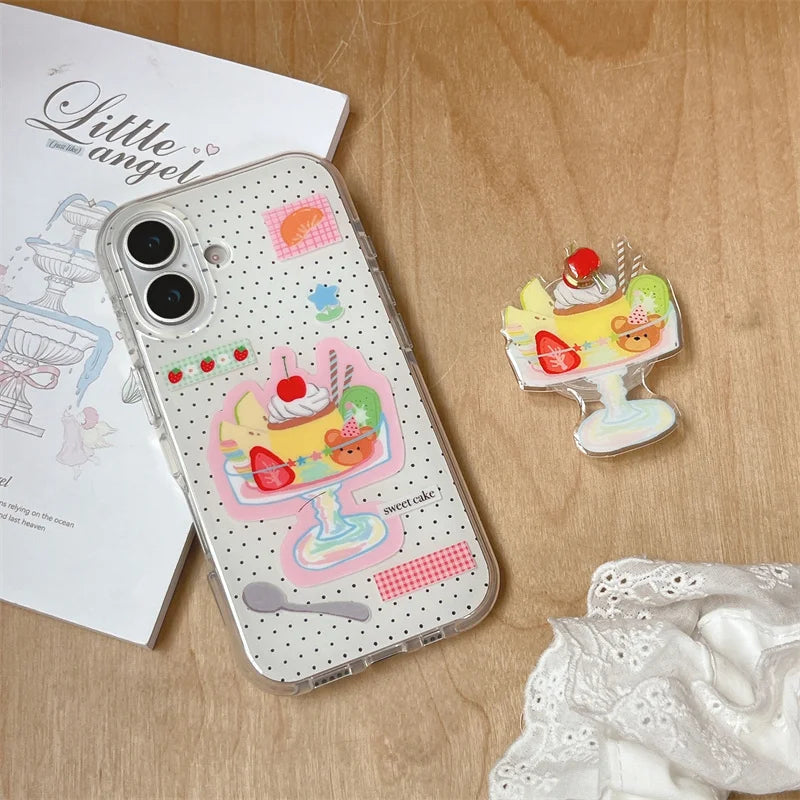 Cute Dessert Ice Cream Stand Holder Phone Case For iPhone 16 Pro 15 14 13 Pro Max Back Cover Shockproof Case Lovley Cases 15Pro