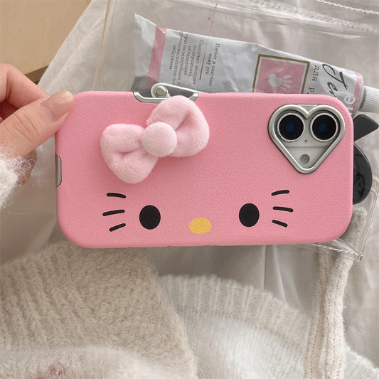 Fashion Cute Hello Kitty Pattern Horizontal Phone Case For iPhone 16 15 14 Pro Max 12 13 Cartoon Leather Plating Frame PC Cover