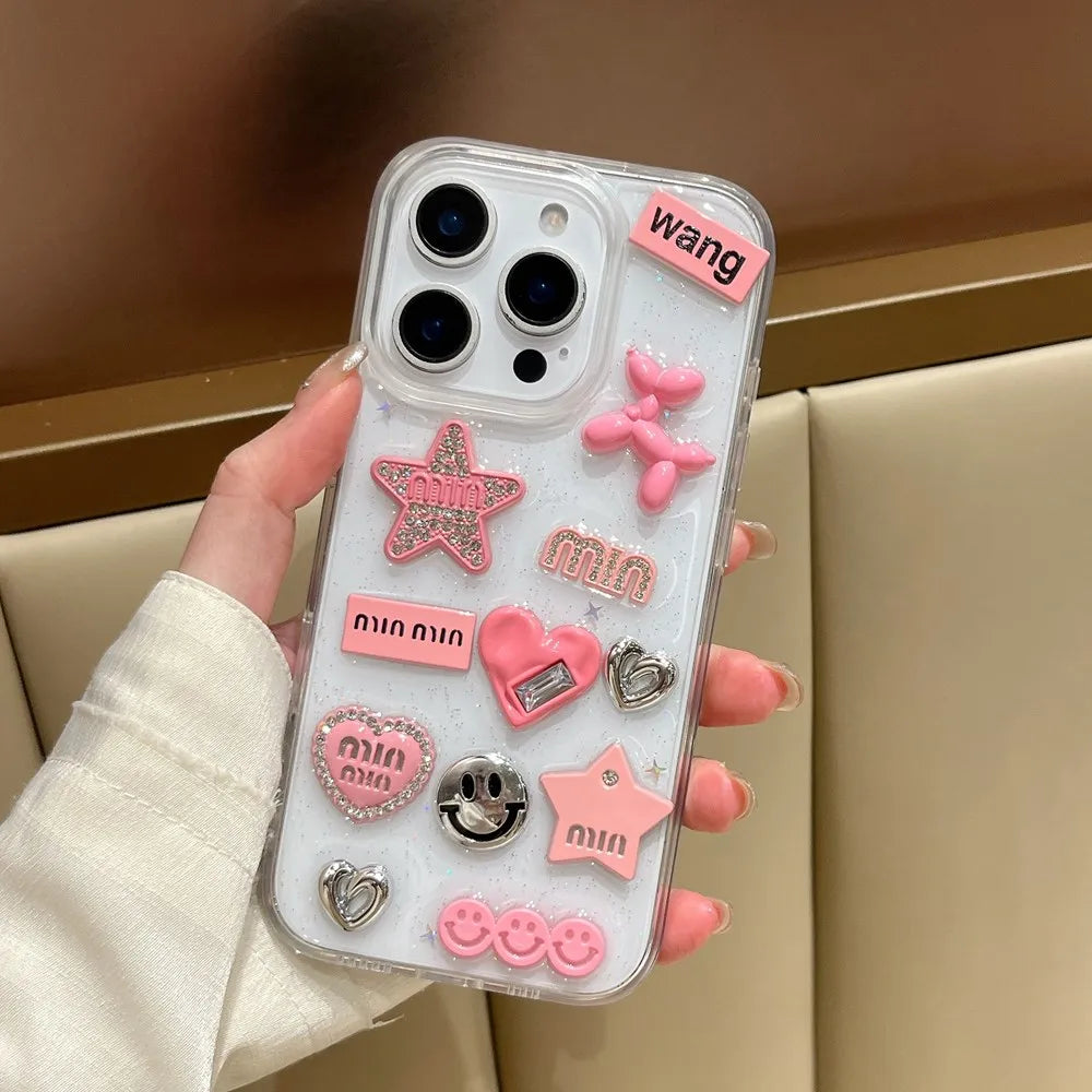 Cute 3D Love Heart Y2K Star Spicy Girl Phone Case For iPhone 15 14 13 11 12 Pro Max Epoxy Transparent Soft Shockproof Cover