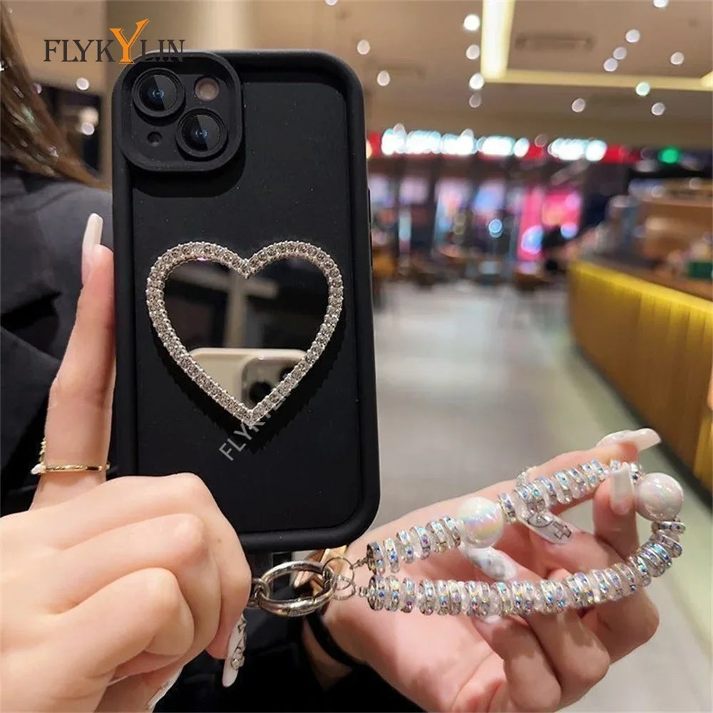 Love Heart Diamond Mirror Phone Case For Xiaomi Redmi Note 14 13 12 Pro 5G 12S 9S 10S 11 11S Pro Soft Silicone With Bracelet