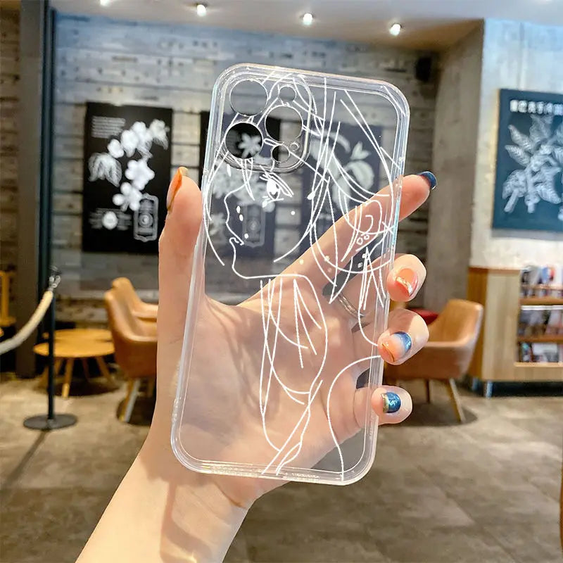 Cute Anime Girl Face Phone Case For iPhone 11 12 13 14 15 16 Pro Max 16E XR 7 8 Plus Soft Abstract Art Line line girl cover