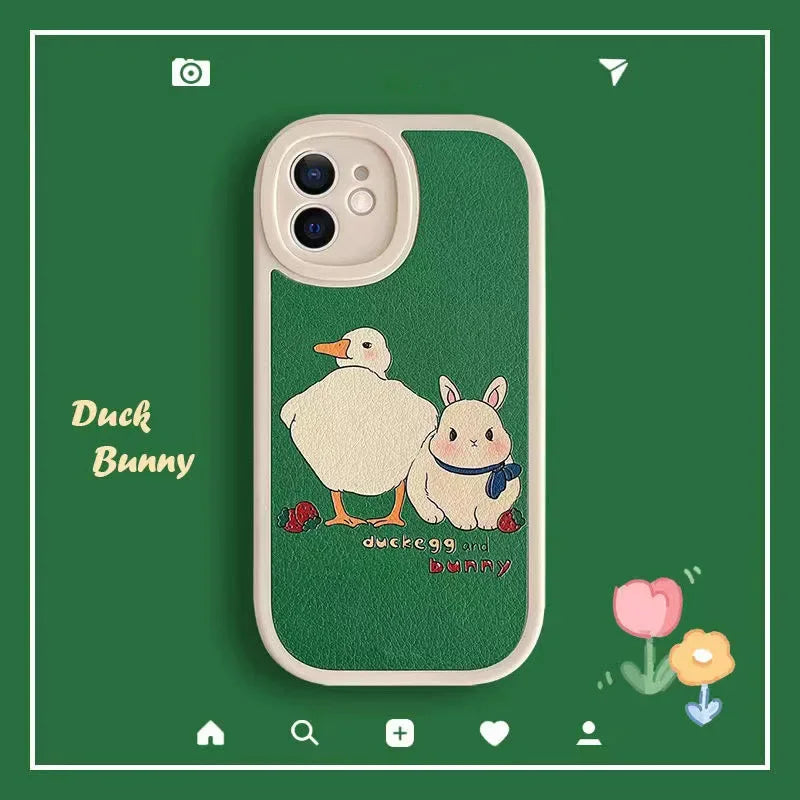 Cute Duck Rabbit Phone Case For iPhone 16 15 14 13 12 11 Pro Max Mini X XS XR 7 8 Plus SE Korean Green Leather