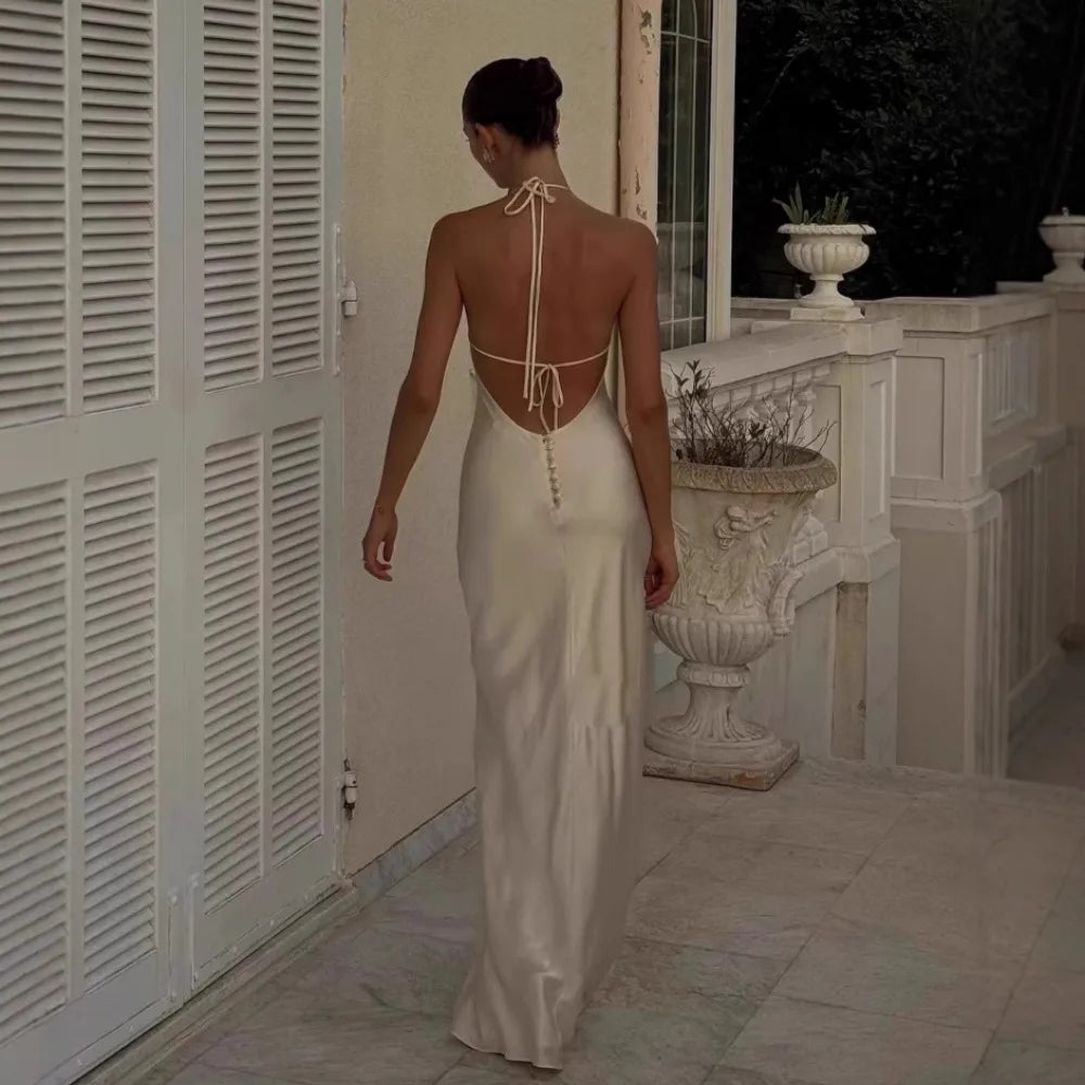 Satin Backless Halter Dress