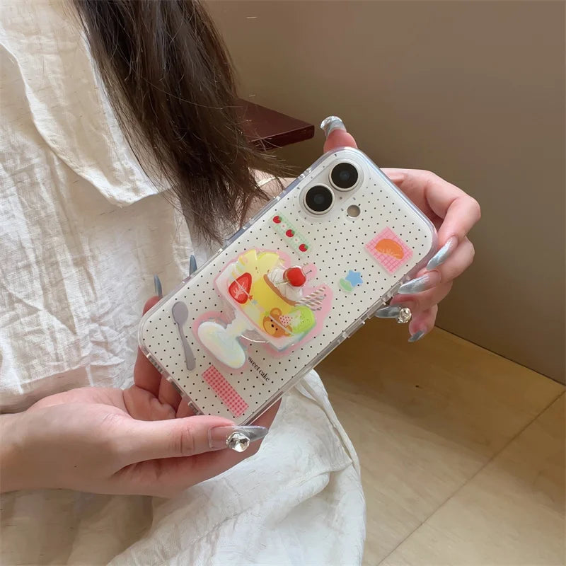 Cute Dessert Ice Cream Stand Holder Phone Case For iPhone 16 Pro 15 14 13 Pro Max Back Cover Shockproof Case Lovley Cases 15Pro