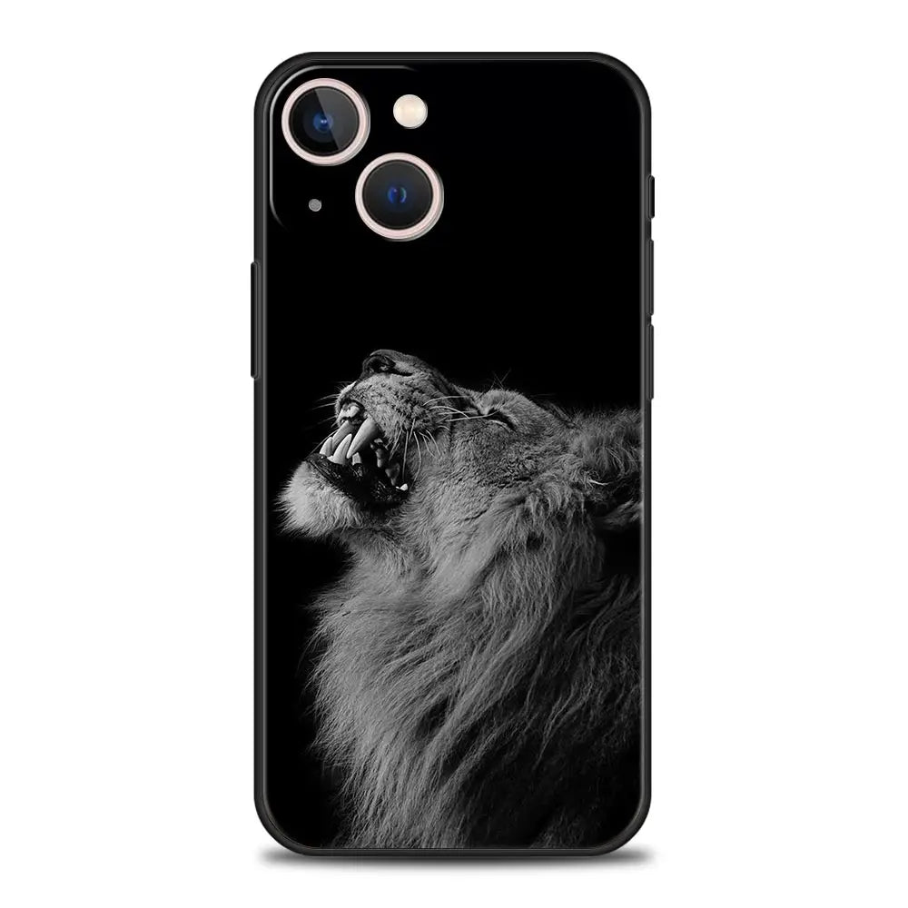 Lion Wild Animals Luxury Phone Case For iPhone 15 14 Pro MAX Plus Silicone Black Protection Cover