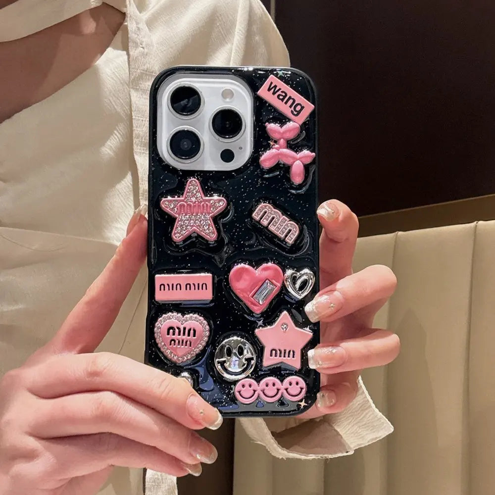 Cute 3D Love Heart Y2K Star Spicy Girl Phone Case For iPhone 15 14 13 11 12 Pro Max Epoxy Transparent Soft Shockproof Cover