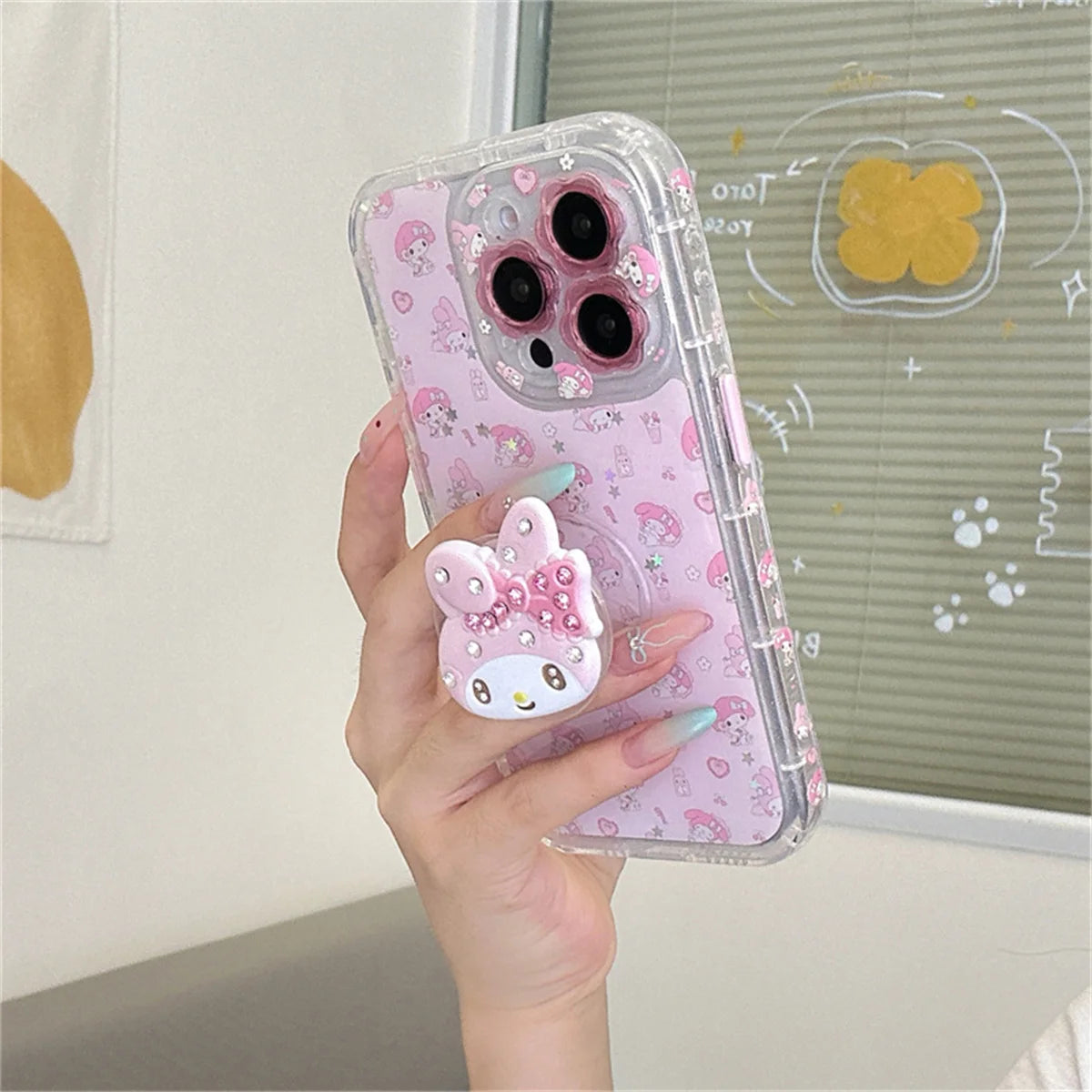 Cute Cartoon Pink Diamond Melody Magnetic Stand Case For iPhone 16 14 Pro 13 15 Pro Max Phone Cover For Magsafe Cases Funda