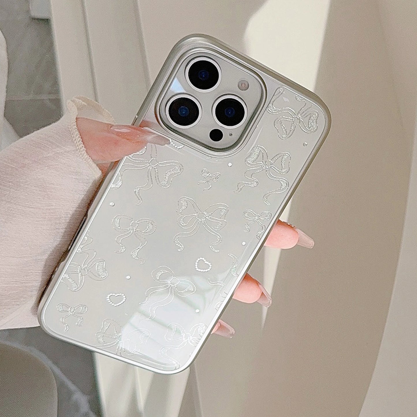 Stylish Full-Screen Gilding Bow Ribbon Heart Print White Glossy Silver Edge Phone Case Cover for iPhone 13 14 15 16 17 Pro Max