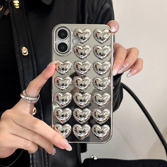 Simple Stylish Silver Love Heart Phone Case For iPhone 11 12 13 14 15 16 Pro Max Glossy TPU Protective Back Cover