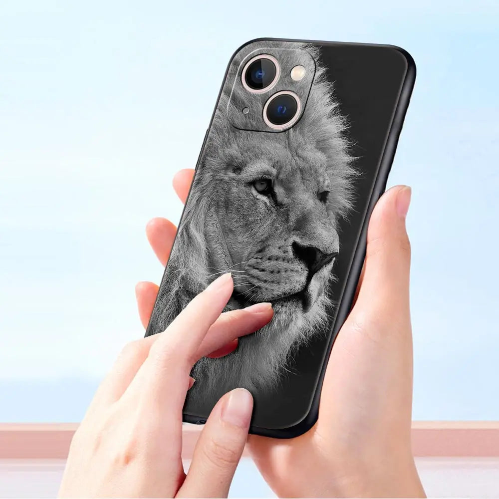 Lion Wild Animals Luxury Phone Case For iPhone 15 14 Pro MAX Plus Silicone Black Protection Cover