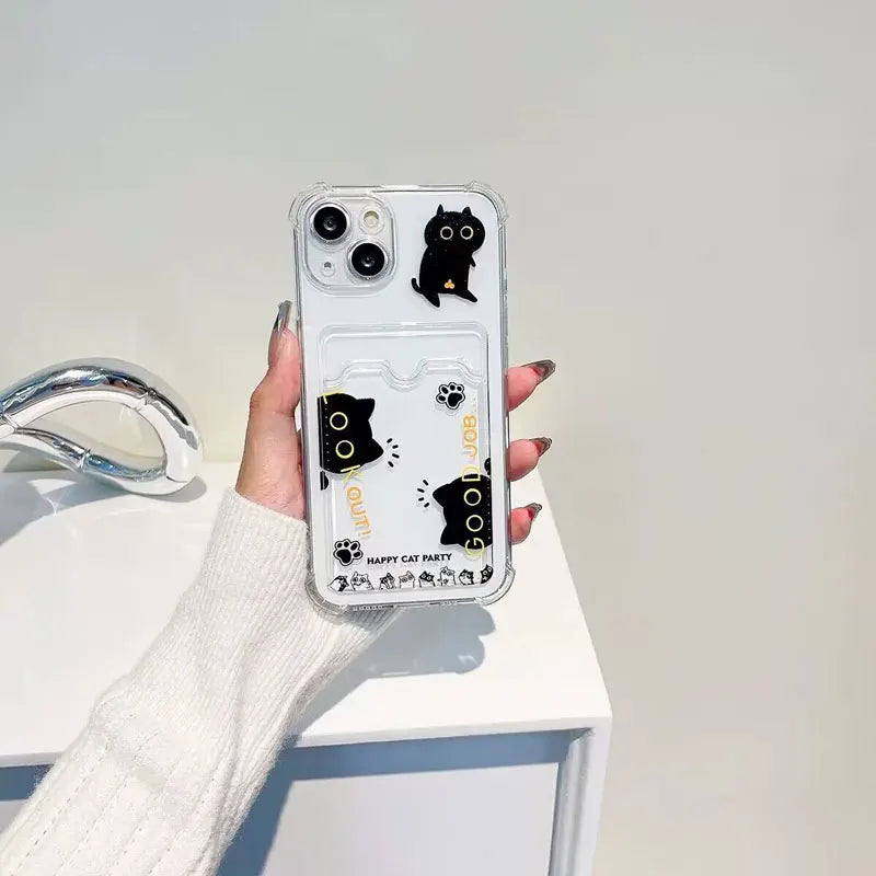Cute Black Cat Pattern Card Pocket Phone Case For iPhone 16 15 14 13 12 11 Pro Max XR XS 7 8 Plus Shockproof Transparent Cover