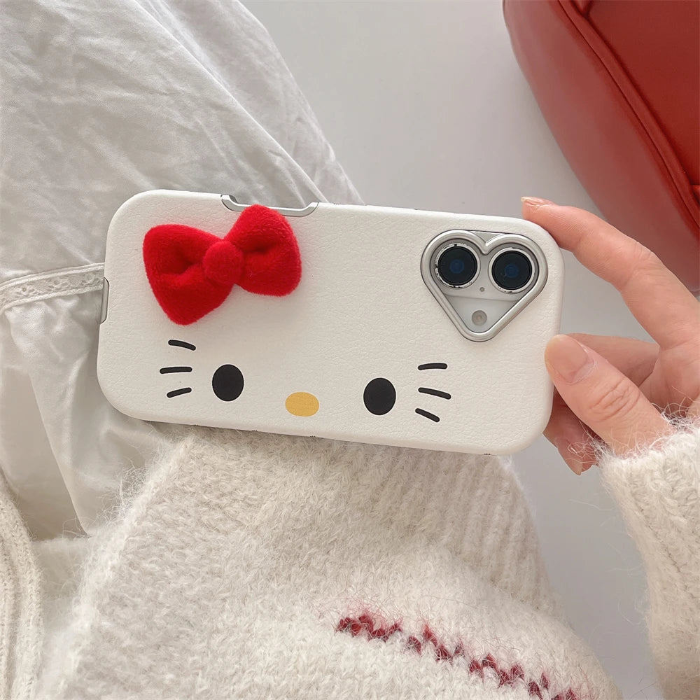 Fashion Cute Hello Kitty Pattern Horizontal Phone Case For iPhone 16 15 14 Pro Max 12 13 Cartoon Leather Plating Frame PC Cover
