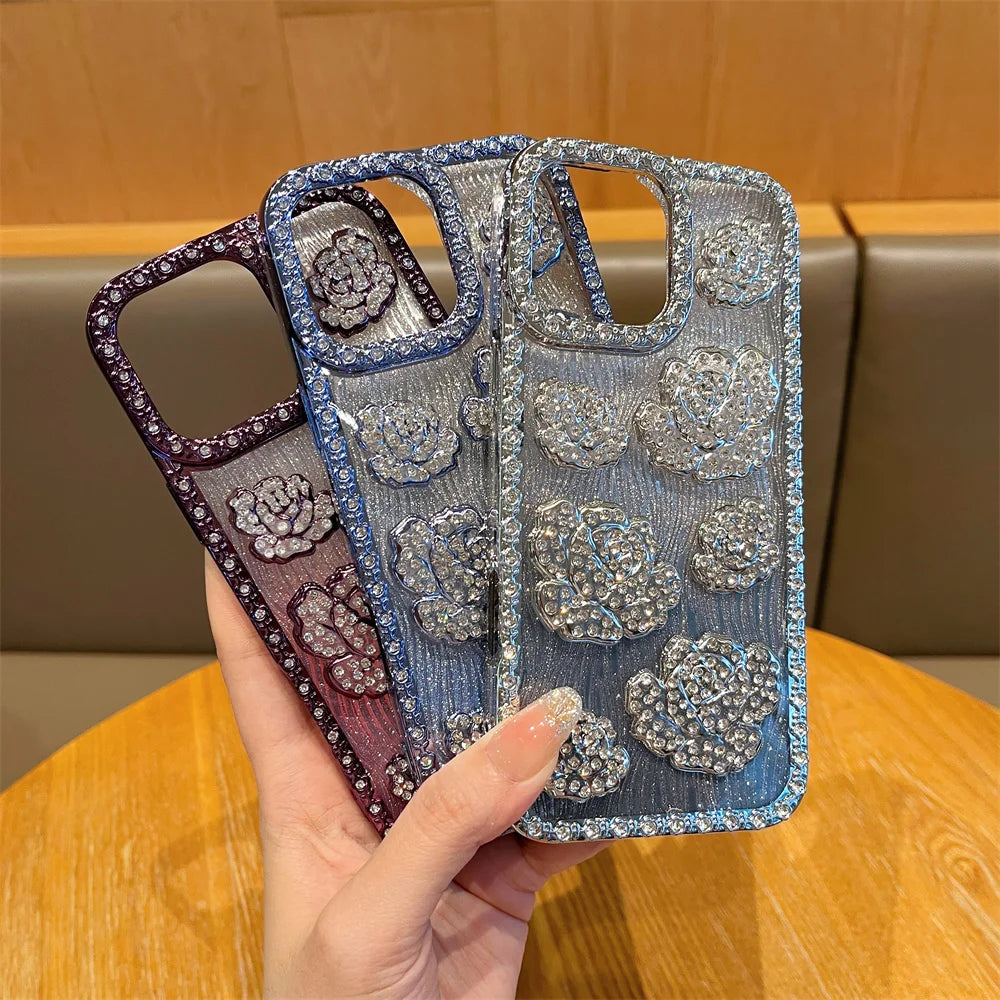 Fashion 3D Diamond Rose Phone Case for iPhone 16 15 14 13 Pro Max 16 Plus Bling Shiny Gradient Shockproof TPU Soft Cover
