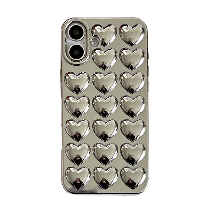 Simple Stylish Silver Love Heart Phone Case For iPhone 11 12 13 14 15 16 Pro Max Glossy TPU Protective Back Cover