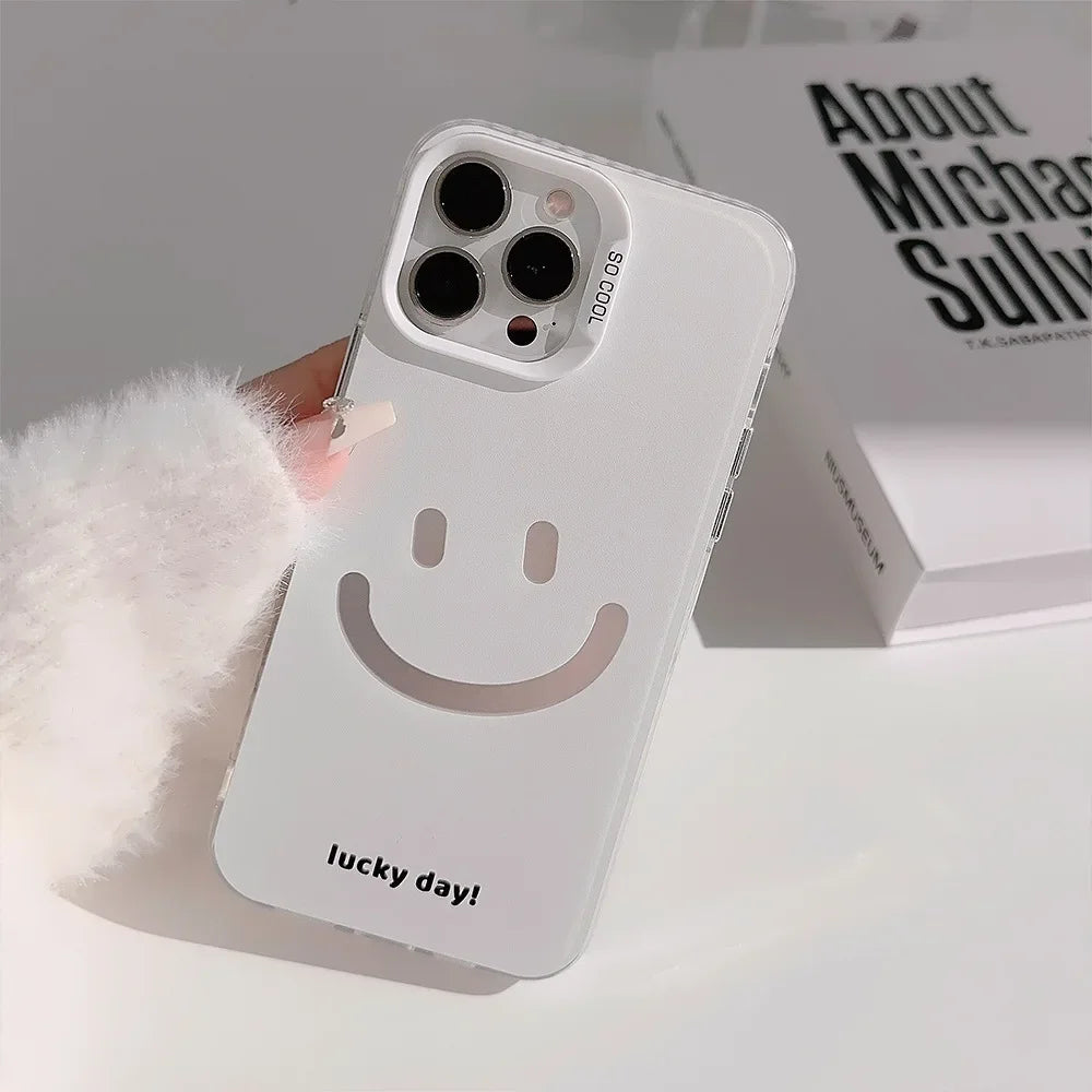 Cute Smiling Face White Phone Cases for iPhone 16 Pro Max Plus 15 14 13 12 11 Cool Minimalist Phone Covers
