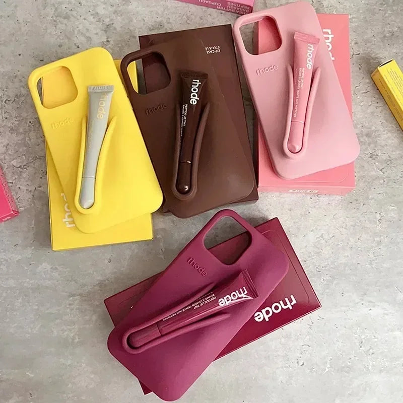 New RHODE Phone Case For iPhone 13 14 15 16 Pro Max Plus 17 Air Lip Gloss Soft Silicone Case With Lip Glaze Lipstick Box