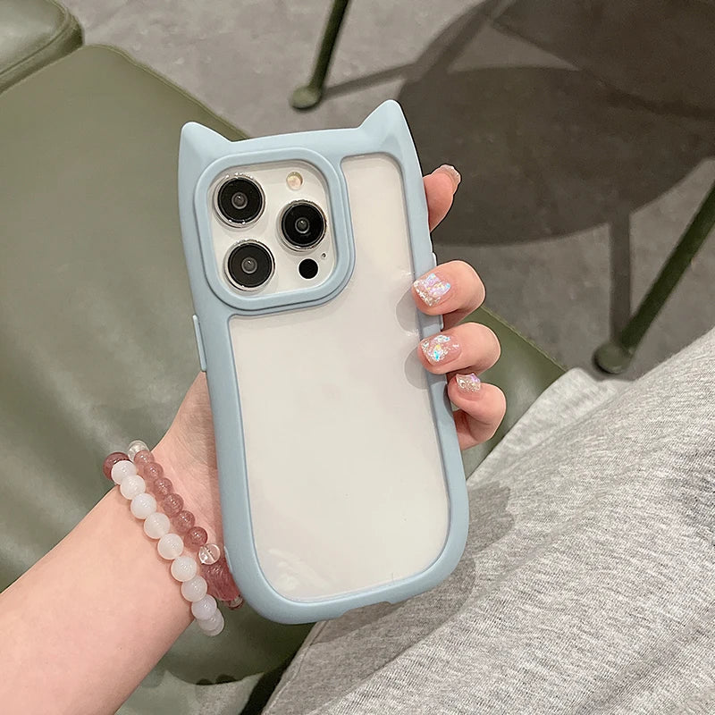 Cute 3D Cat Ear Transparent Phone Case For iPhone 17 16E 16 15 14 Plus 13 12 11 Pro Max Cartoon Lovely Shockproof Clear Cover
