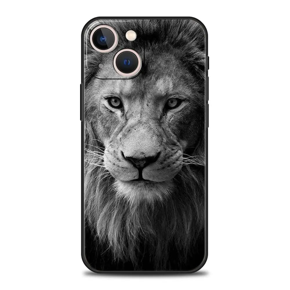 Lion Wild Animals Luxury Phone Case For iPhone 15 14 Pro MAX Plus Silicone Black Protection Cover