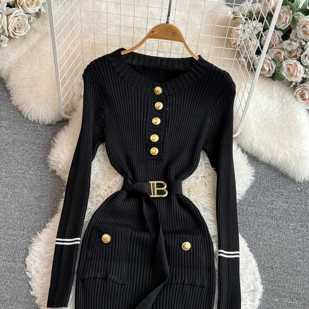 Elegant Rib Knit Long Pencil Dress