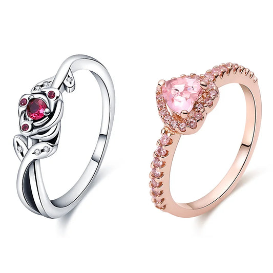 925 Sterling Silver Pink Heart Rose Flower Ring
