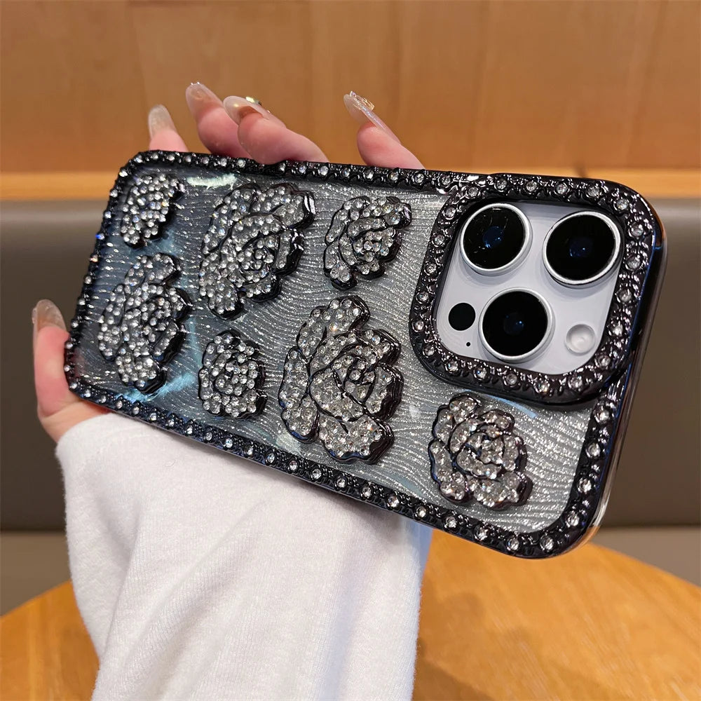 Fashion 3D Diamond Rose Phone Case for iPhone 16 15 14 13 Pro Max 16 Plus Bling Shiny Gradient Shockproof TPU Soft Cover