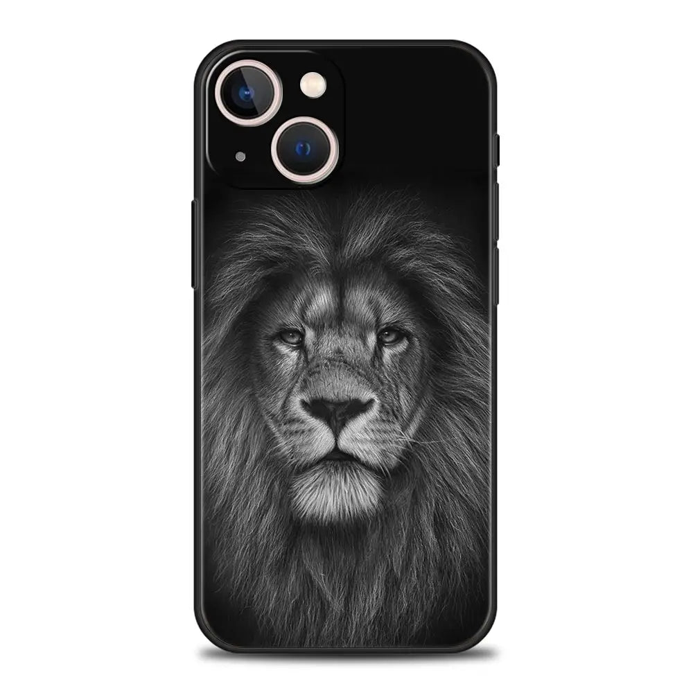 Lion Wild Animals Luxury Phone Case For iPhone 15 14 Pro MAX Plus Silicone Black Protection Cover