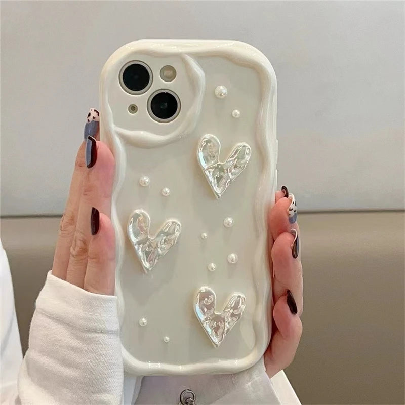 Korean 3D Pearl Love Heart Silicone Phone Case For iPhone 11 14 13 12 Pro Max 8 7 Plus SE 2022 XS MAX XR X Shockproof Soft Cover
