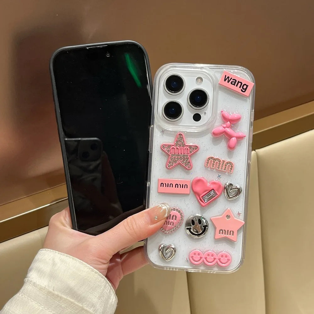 Cute 3D Love Heart Y2K Star Spicy Girl Phone Case For iPhone 15 14 13 11 12 Pro Max Epoxy Transparent Soft Shockproof Cover