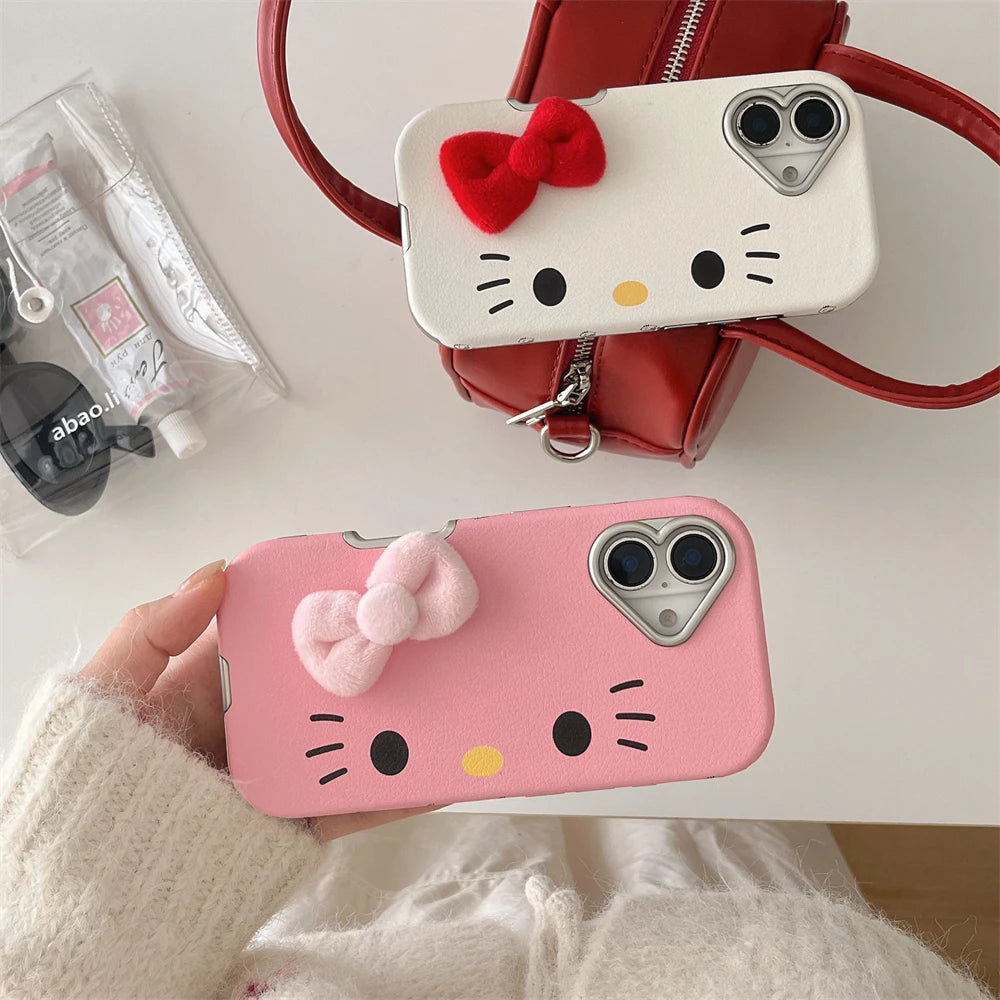 Fashion Cute Hello Kitty Pattern Horizontal Phone Case For iPhone 16 15 14 Pro Max 12 13 Cartoon Leather Plating Frame PC Cover
