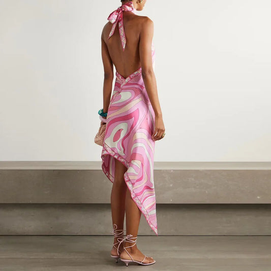 Lace-up Halter Backless Satin Dress