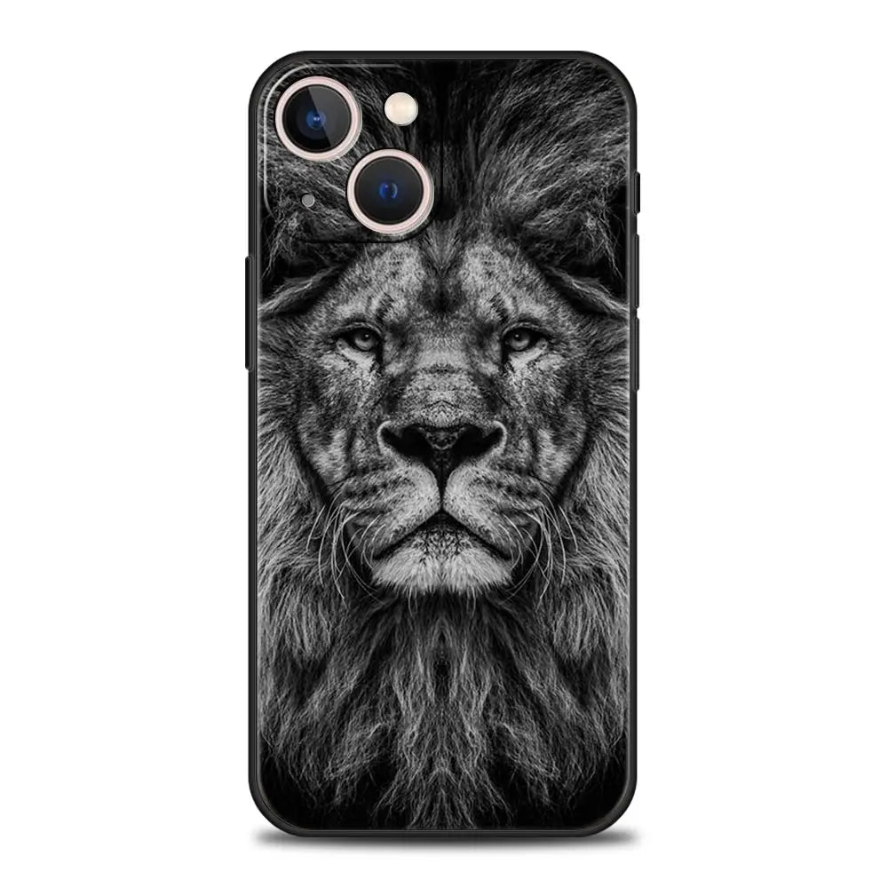 Lion Wild Animals Luxury Phone Case For iPhone 15 14 Pro MAX Plus Silicone Black Protection Cover