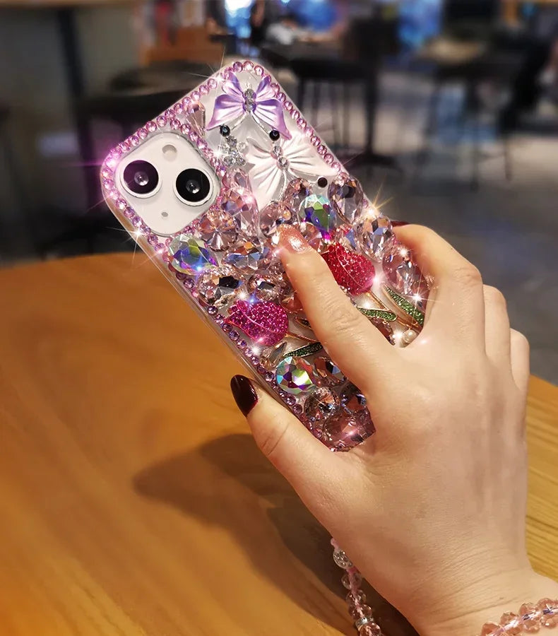 Luxury Glittering Diamond Phone Case + Clear Rhinestone Gir's Rose Case For iPhone 16 11 14 Pro Max12 13 Pro Max 15