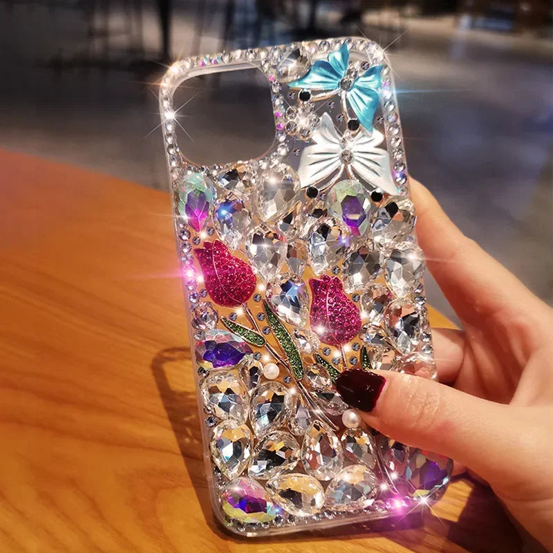 Luxury Glittering Diamond Phone Case + Clear Rhinestone Gir's Rose Case For iPhone 16 11 14 Pro Max12 13 Pro Max 15