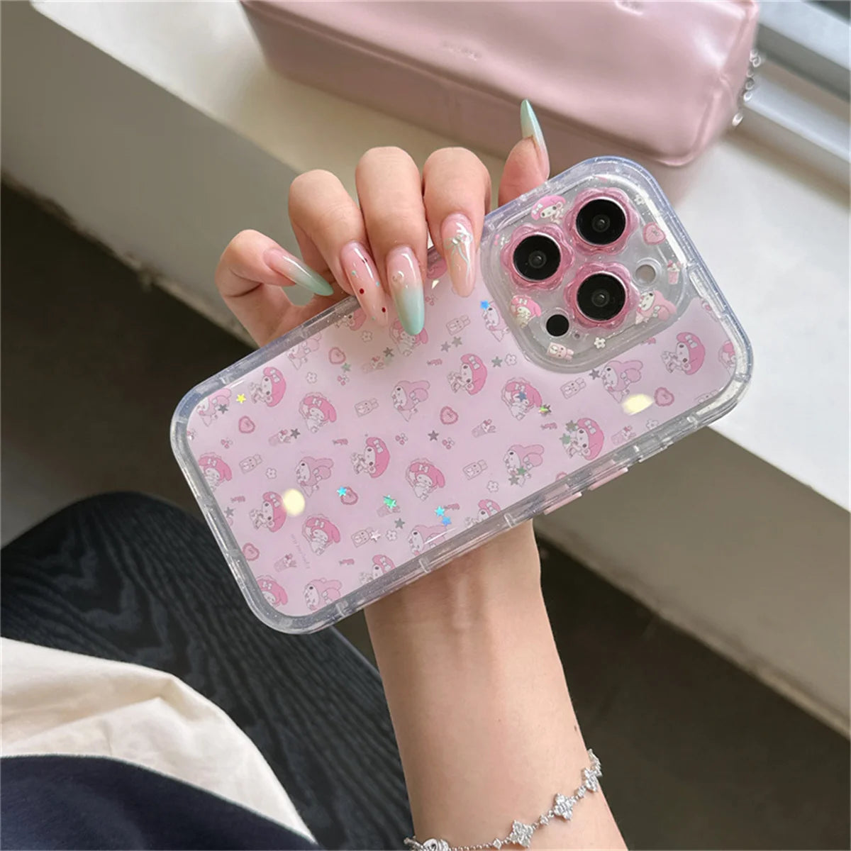 Cute Cartoon Pink Diamond Melody Magnetic Stand Case For iPhone 16 14 Pro 13 15 Pro Max Phone Cover For Magsafe Cases Funda