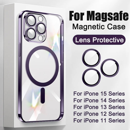Plating Soft TPU Full Lens Protect Case for iPhone 13 14 12 11 15 Pro Max Plus Magsafe Magnetic Phone Case Wireless Charge Cover