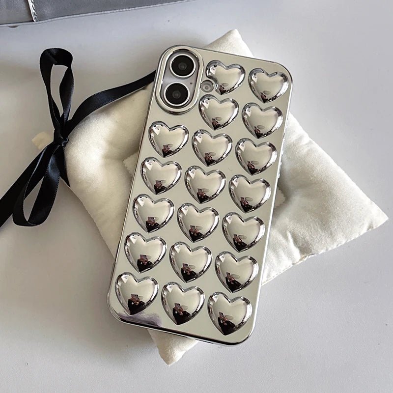 Simple Stylish Silver Love Heart Phone Case For iPhone 11 12 13 14 15 16 Pro Max Glossy TPU Protective Back Cover