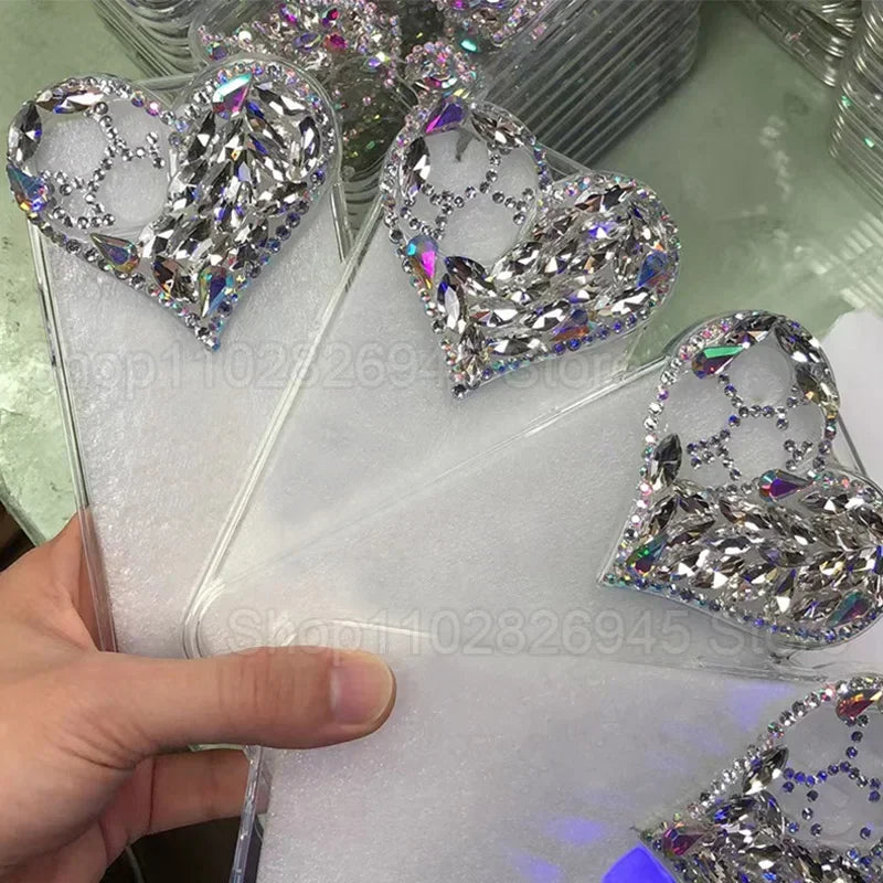 Love Heart Rhinestone Protect Lens Phone Case For IPhone 16 15 14 13 12 Pro Xs Max TPU Shockproof Back Cover