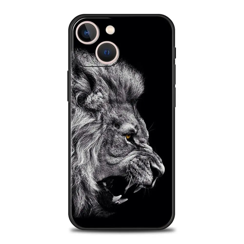Lion Wild Animals Luxury Phone Case For iPhone 15 14 Pro MAX Plus Silicone Black Protection Cover
