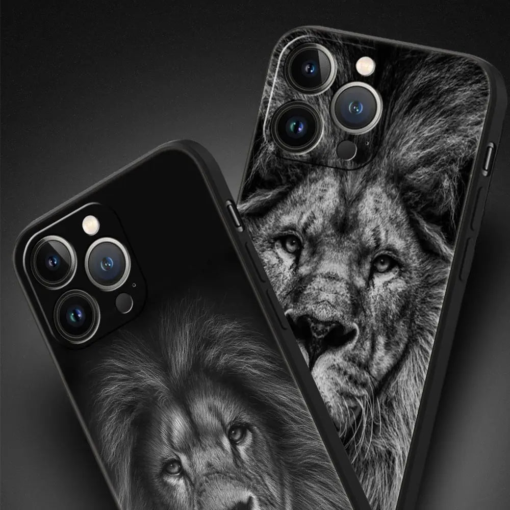 Lion Wild Animals Luxury Phone Case For iPhone 15 14 Pro MAX Plus Silicone Black Protection Cover