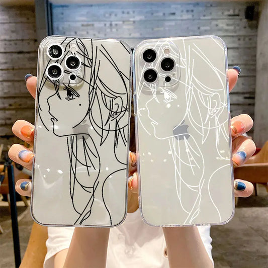 Cute Anime Girl Face Phone Case For iPhone 11 12 13 14 15 16 Pro Max 16E XR 7 8 Plus Soft Abstract Art Line line girl cover