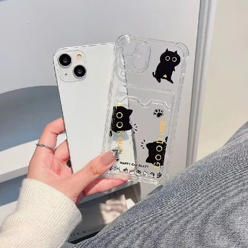 Cute Black Cat Phone Case For IPhone 17 16 15 14 13 12 Pro Max Plus 12 13 Mini Photo Card Holder Wallet Soft Clear Cover