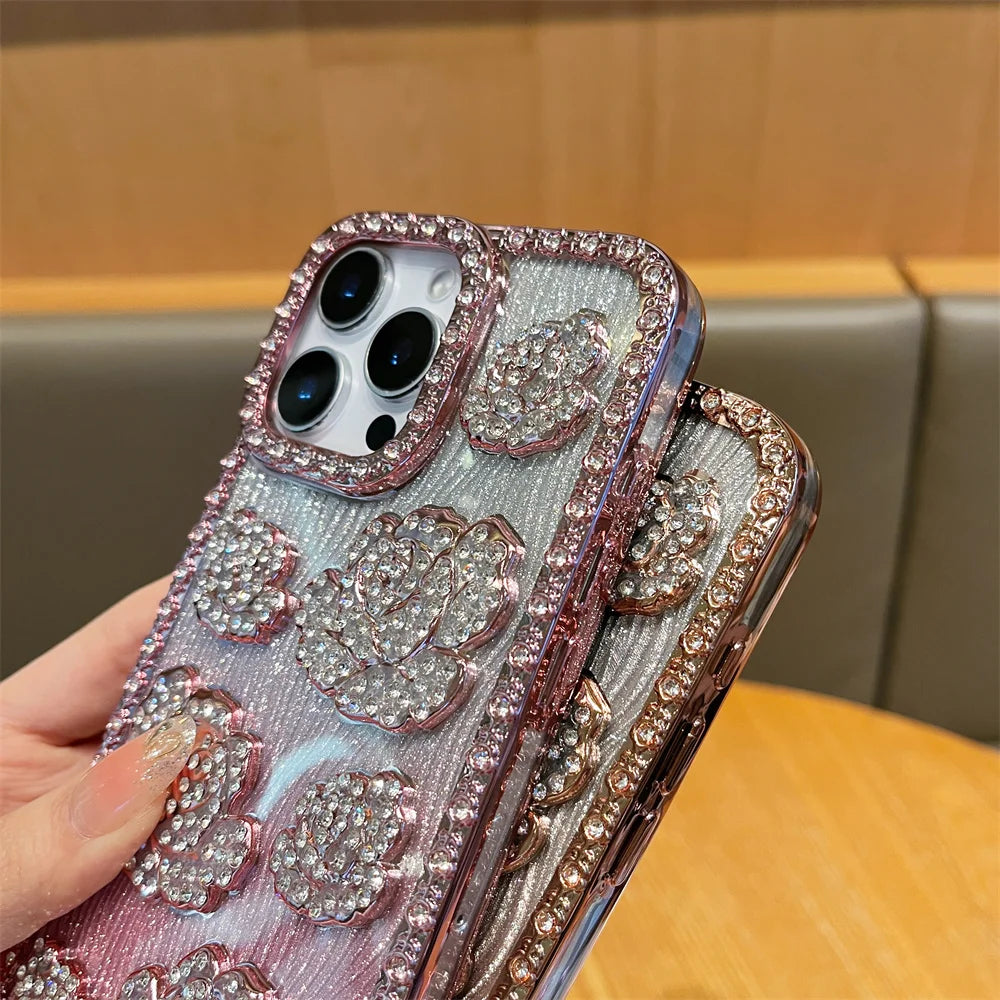 Fashion 3D Diamond Rose Phone Case for iPhone 16 15 14 13 Pro Max 16 Plus Bling Shiny Gradient Shockproof TPU Soft Cover