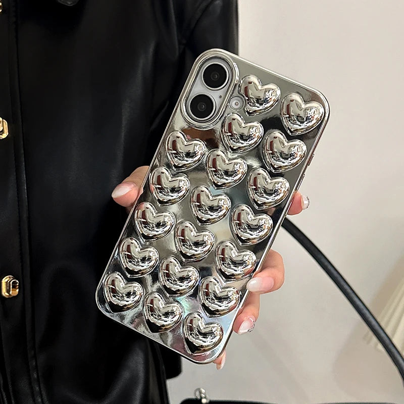 Simple Stylish Silver Love Heart Phone Case For iPhone 11 12 13 14 15 16 Pro Max Glossy TPU Protective Back Cover